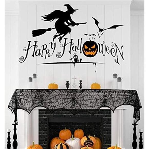 Halloween Cobweb Fireplace Scarf, Black Lace Spiderweb Mantle Scarf - Picture 7 of 8